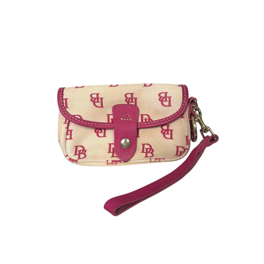 Dooney & Bourke Cream Logo Canvas Wristlet Pouch Pink Leather Trim Snap Wallet - Picture 12 of 12
